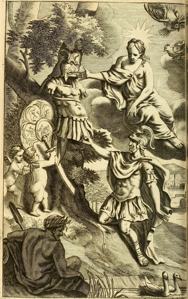 An illustration from P. Virgilii Maronis Opera in tres tomos divisa : cum integris notis Servii, Philargyrii, nec non J. Pierii variis lectionibus, & selectissimis plerisque commentariis Donati, Probi, Nannii, Sabini, Germani, Cerdæ, Taubmanni, & aliorum, 1680, leaf 173