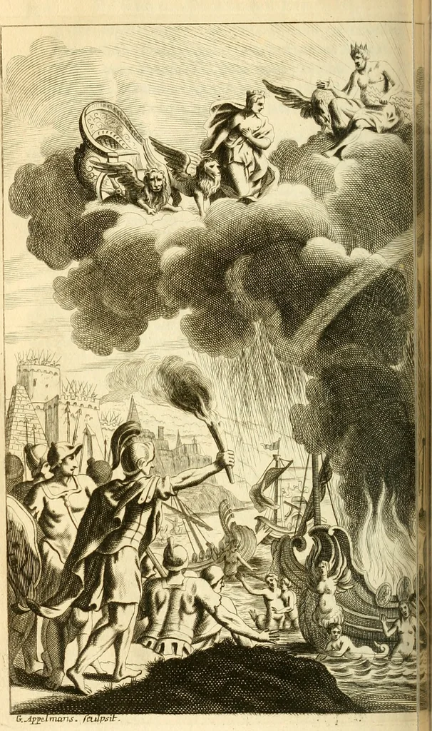 An illustration from P. Virgilii Maronis Opera in tres tomos divisa : cum integris notis Servii, Philargyrii, nec non J. Pierii variis lectionibus, & selectissimis plerisque commentariis Donati, Probi, Nannii, Sabini, Germani, Cerdæ, Taubmanni, & aliorum, 1680, leaf 349