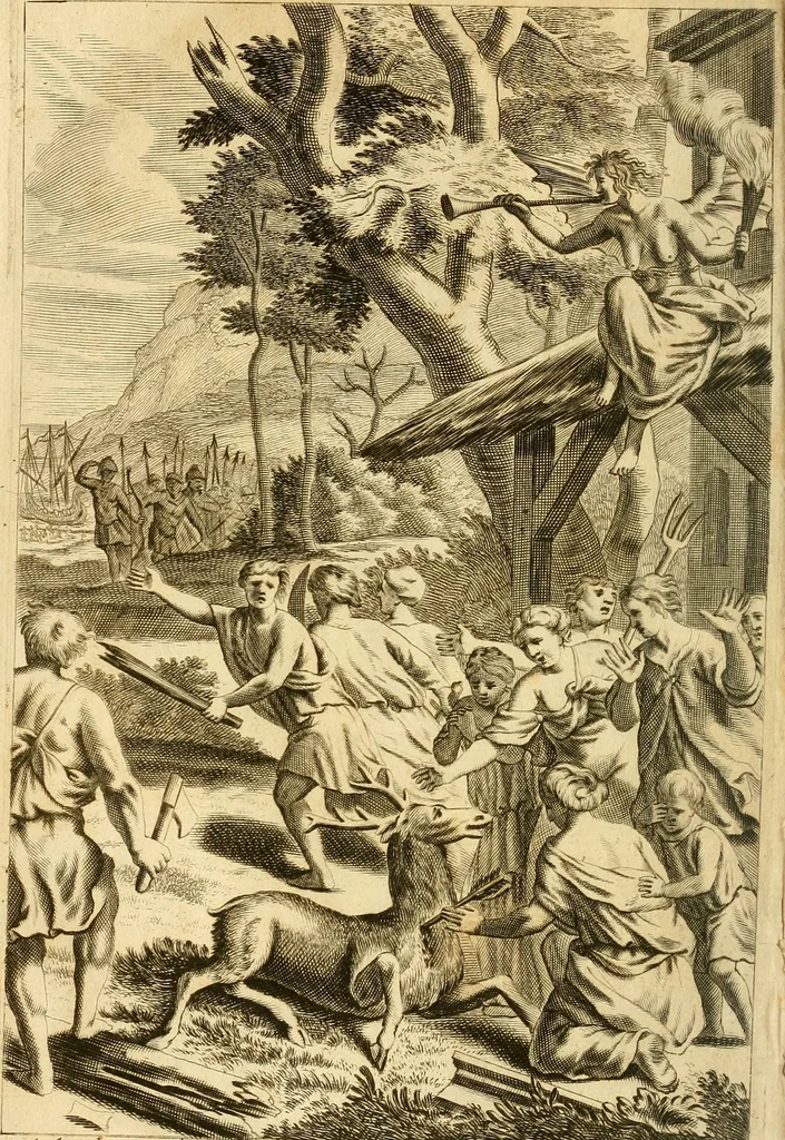 An illustration from P. Virgilii Maronis Opera in tres tomos divisa : cum integris notis Servii, Philargyrii, nec non J. Pierii variis lectionibus, & selectissimis plerisque commentariis Donati, Probi, Nannii, Sabini, Germani, Cerdæ, Taubmanni, & aliorum, 1680, leaf 5