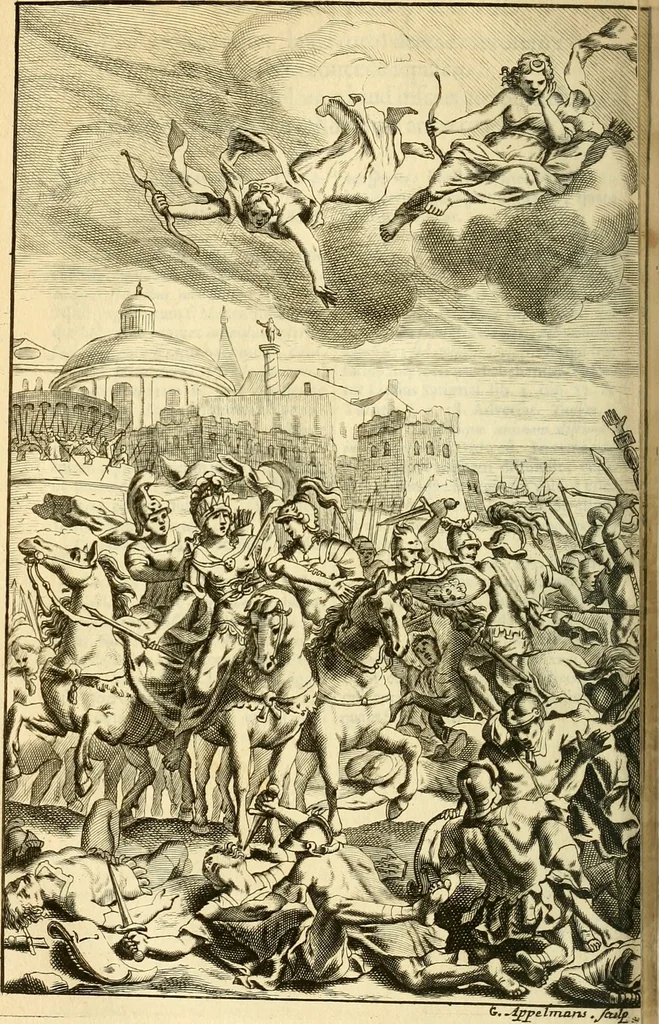 An illustration from P. Virgilii Maronis Opera in tres tomos divisa : cum integris notis Servii, Philargyrii, nec non J. Pierii variis lectionibus, & selectissimis plerisque commentariis Donati, Probi, Nannii, Sabini, Germani, Cerdæ, Taubmanni, & aliorum, 1680, leaf 669