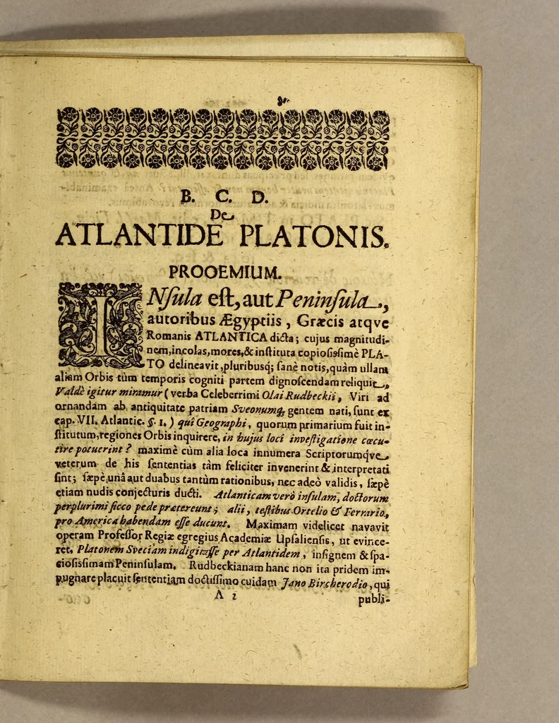 An illustration from Q. B. V. D. De Atlantide ad Timaeum atque Critiam Platonis, : disseret In almâ Leucorea, praeside Georgio Caspare Kirchmajero, Orator. Prof. Publ. Ord. Philosoph. H. T. Spect. decano,, 1685, leaf 5