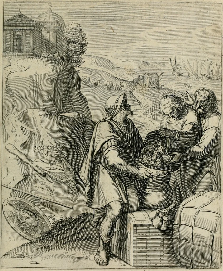 An illustration from Q. HoratI Flacci Emblemata : imaginibus in aes incisis, notisq[ue] illustrata, 1607, leaf 104