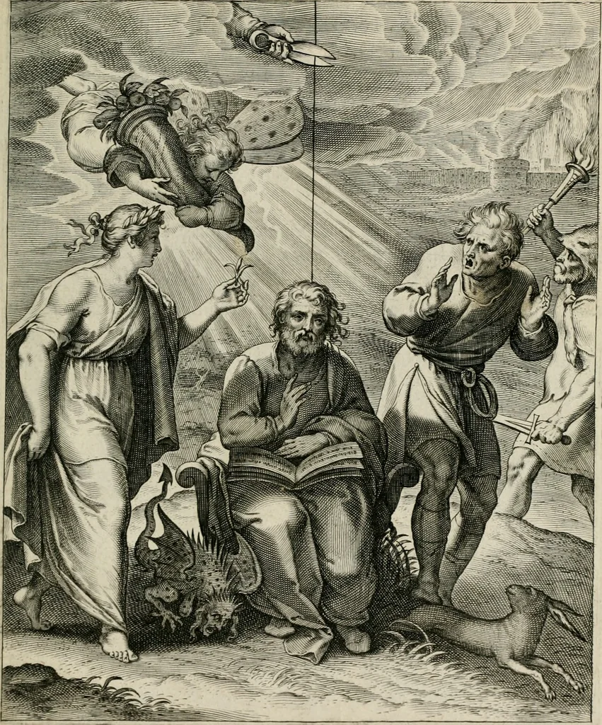 An illustration from Q. HoratI Flacci Emblemata : imaginibus in aes incisis, notisq[ue] illustrata, 1607, leaf 164