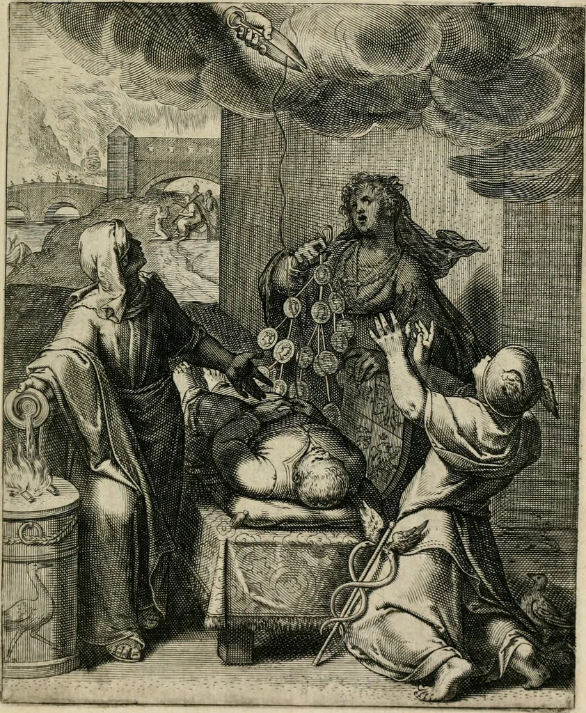 An illustration from Q. HoratI Flacci Emblemata : imaginibus in aes incisis, notisq[ue] illustrata, 1607, leaf 204