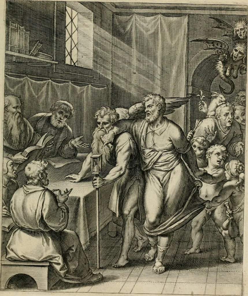 An illustration from Q. HoratI Flacci Emblemata : imaginibus in aes incisis, notisq[ue] illustrata, 1607, leaf 50