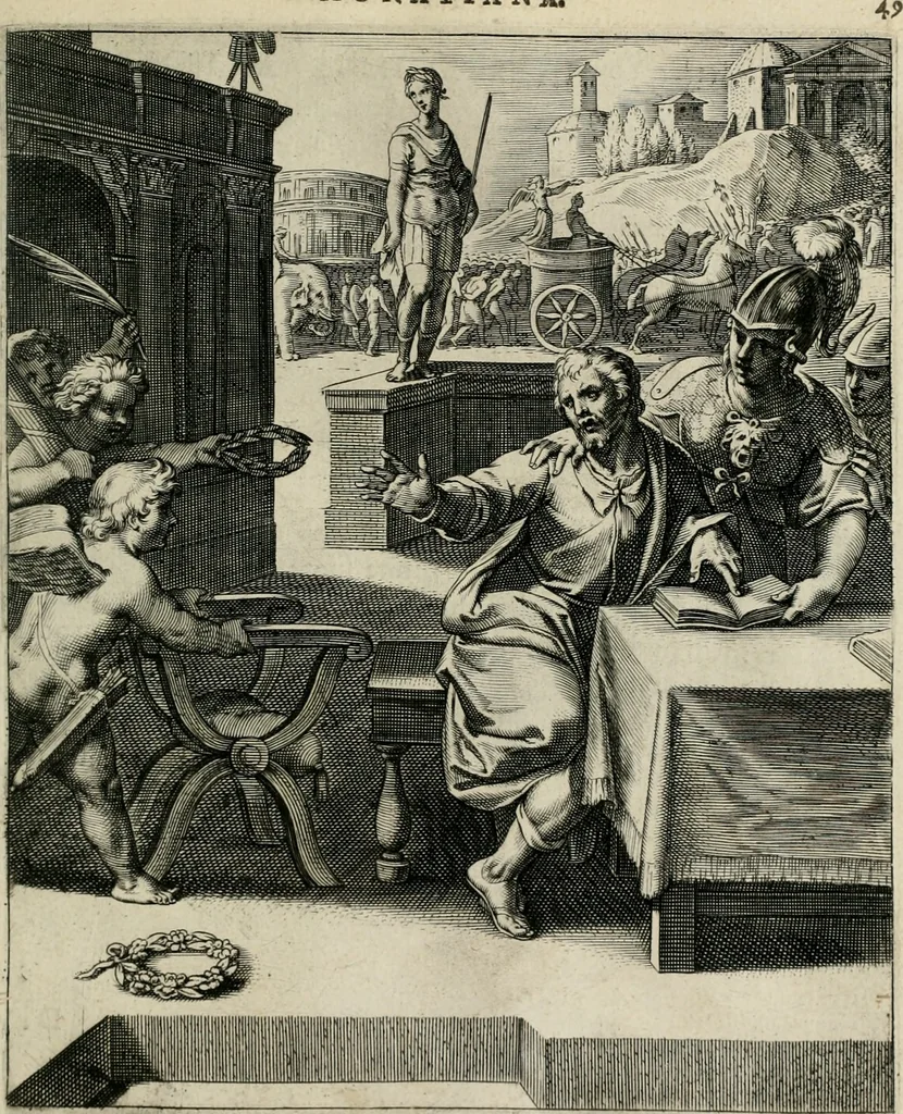 An illustration from Q. HoratI Flacci Emblemata : imaginibus in aes incisis, notisq[ue] illustrata, 1607, leaf 52