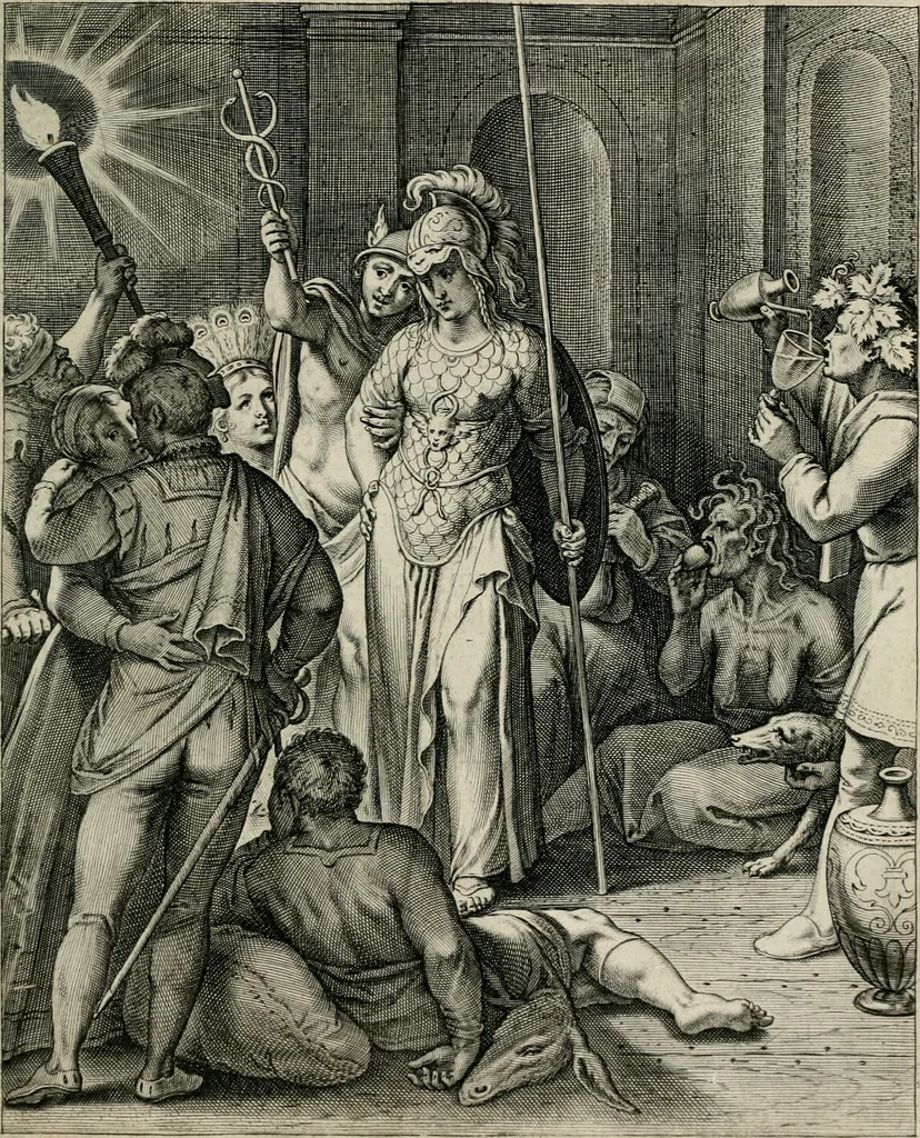 An illustration from Q. HoratI Flacci Emblemata : imaginibus in aes incisis, notisq[ue] illustrata, 1607, leaf 54