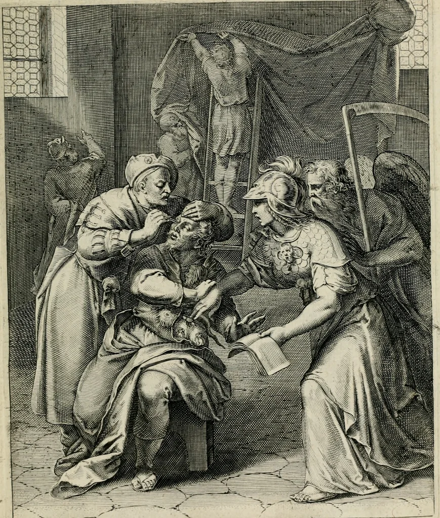 An illustration from Q. HoratI Flacci Emblemata : imaginibus in aes incisis, notisq[ue] illustrata, 1607, leaf 58