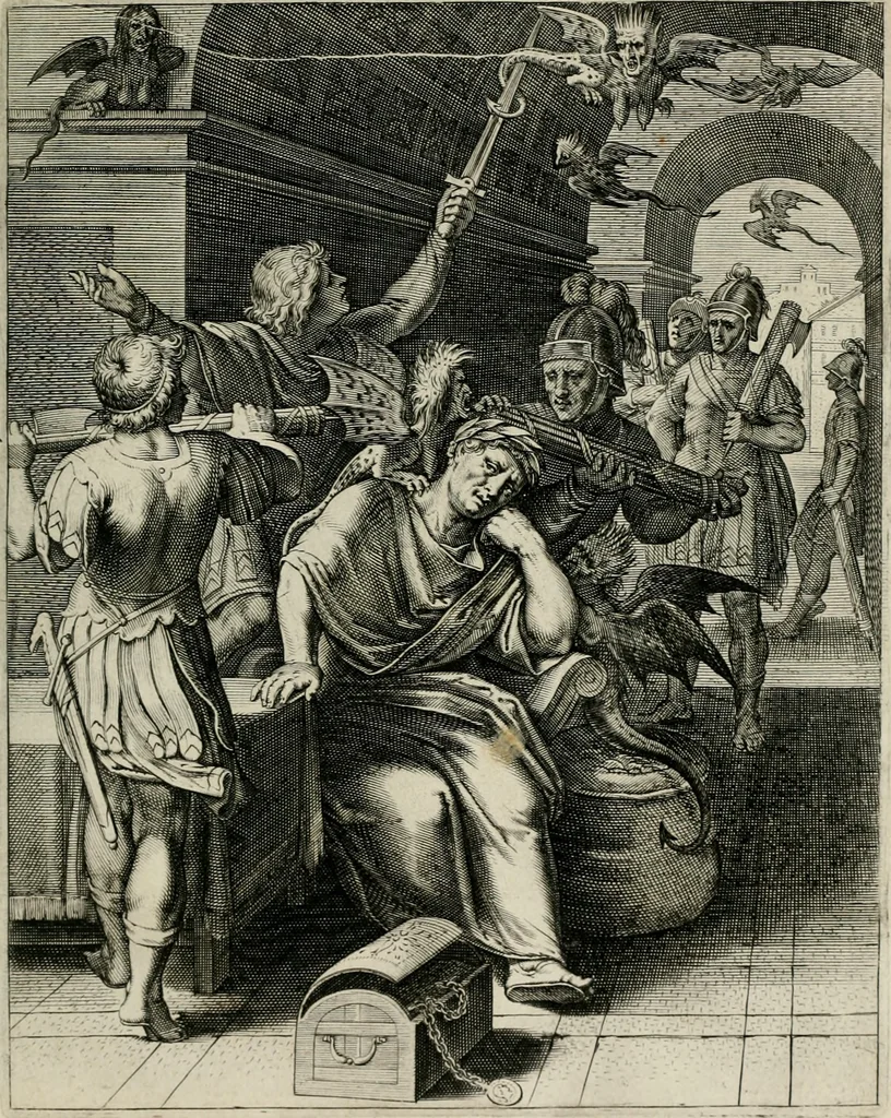 An illustration from Q. HoratI Flacci Emblemata : imaginibus in aes incisis, notisq[ue] illustrata, 1607, leaf 92