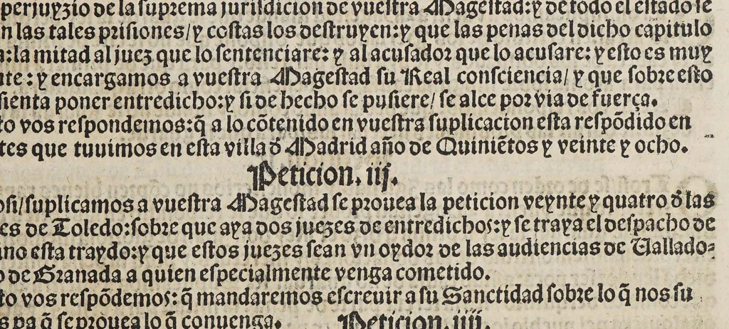 An illustration from Quadernos de las cortes que Su Magestad de la emperatriz y reyna nuestra señora tuuo en la ciudad de Segouia el año de M.D.xxxij. : Juntame[n]te co[n] las cortes q[ue] Su Magestad el emperador y rey n[uest]ro señor tuuo en la villa de Madrid, en el año de M.D.xxxiiij. Co[n] las declaraciones, leyes, y decisiones nueuas, y aprouaciones hechas en las dichas cortes. Assi mesmo la prematica de los cauallos que se hizo en Toledo. Con la declaracion despues hecha en las dichas cortes de Madrid. Año de. M.D.xxxiiij. 1549., 1550, leaf 43