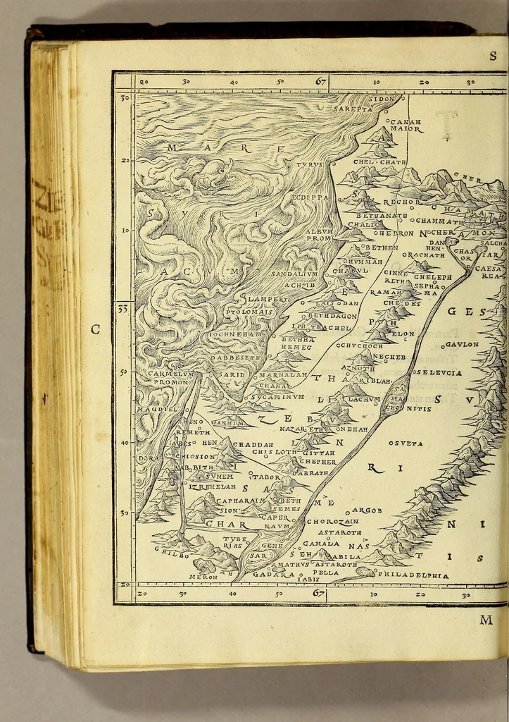 An illustration from Quae intus continentur. Syria, ad Ptolomaici operis rationem. Præterea Strabone, Plinio, & Antonio auctoribus locupletata. Palestina, iisdem auctoribus. ., 1532, leaf 242