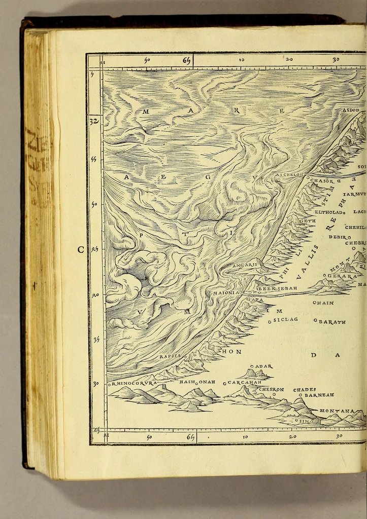 An illustration from Quae intus continentur. Syria, ad Ptolomaici operis rationem. Præterea Strabone, Plinio, & Antonio auctoribus locupletata. Palestina, iisdem auctoribus. ., 1532, leaf 250