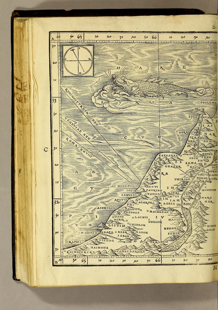 An illustration from Quae intus continentur. Syria, ad Ptolomaici operis rationem. Præterea Strabone, Plinio, & Antonio auctoribus locupletata. Palestina, iisdem auctoribus. ., 1532, leaf 254