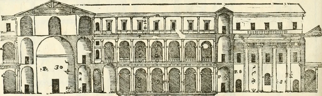 An illustration from I quattro libri dell'architettura di Andrea Palladio : ne' quali, dopò vn breue trattato de' cinque ordini, & di quelli auertimenti, che sono più necesarij nel fabricare : si tratta delle case private, delle vie, de i ponti, delle piazze, de i xisti, & de'tempij, 1616, leaf 101