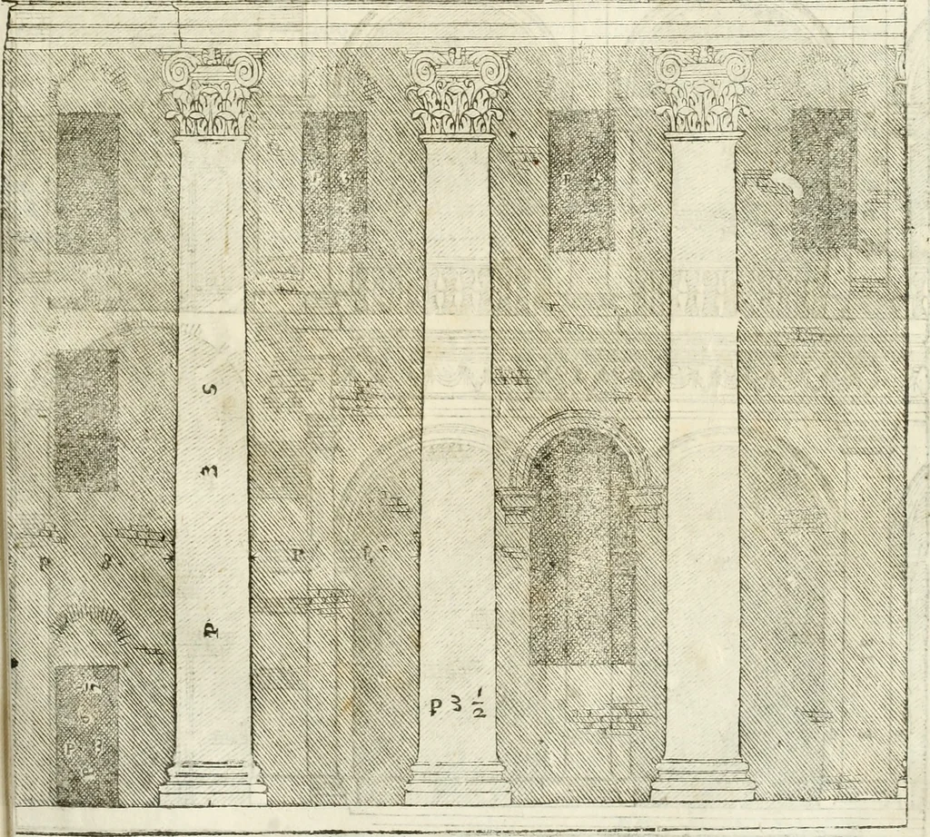An illustration from I quattro libri dell'architettura di Andrea Palladio : ne' quali, dopò vn breue trattato de' cinque ordini, & di quelli auertimenti, che sono più necesarij nel fabricare : si tratta delle case private, delle vie, de i ponti, delle piazze, de i xisti, & de'tempij, 1616, leaf 102