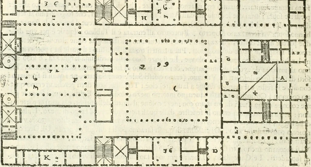 An illustration from I quattro libri dell'architettura di Andrea Palladio : ne' quali, dopò vn breue trattato de' cinque ordini, & di quelli auertimenti, che sono più necesarij nel fabricare : si tratta delle case private, delle vie, de i ponti, delle piazze, de i xisti, & de'tempij, 1616, leaf 105