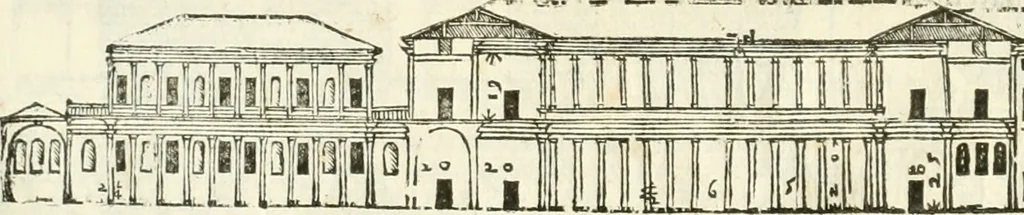 An illustration from I quattro libri dell'architettura di Andrea Palladio : ne' quali, dopò vn breue trattato de' cinque ordini, & di quelli auertimenti, che sono più necesarij nel fabricare : si tratta delle case private, delle vie, de i ponti, delle piazze, de i xisti, & de'tempij, 1616, leaf 105