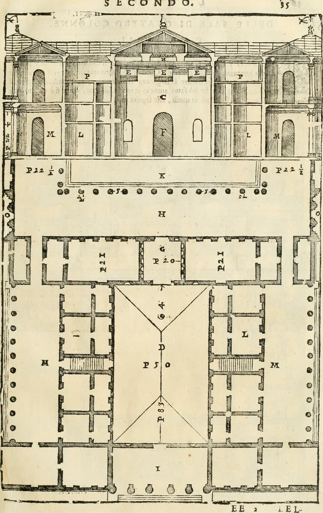 An illustration from I quattro libri dell'architettura di Andrea Palladio : ne' quali, dopò vn breue trattato de' cinque ordini, & di quelli auertimenti, che sono più necesarij nel fabricare : si tratta delle case private, delle vie, de i ponti, delle piazze, de i xisti, & de'tempij, 1616, leaf 106