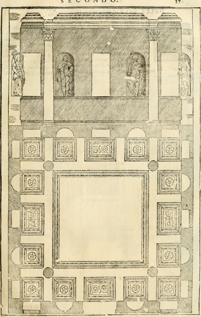 An illustration from I quattro libri dell'architettura di Andrea Palladio : ne' quali, dopò vn breue trattato de' cinque ordini, & di quelli auertimenti, che sono più necesarij nel fabricare : si tratta delle case private, delle vie, de i ponti, delle piazze, de i xisti, & de'tempij, 1616, leaf 108