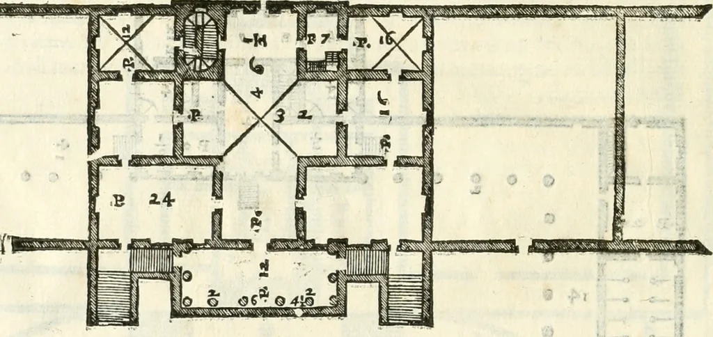 An illustration from I quattro libri dell'architettura di Andrea Palladio : ne' quali, dopò vn breue trattato de' cinque ordini, & di quelli auertimenti, che sono più necesarij nel fabricare : si tratta delle case private, delle vie, de i ponti, delle piazze, de i xisti, & de'tempij, 1616, leaf 121