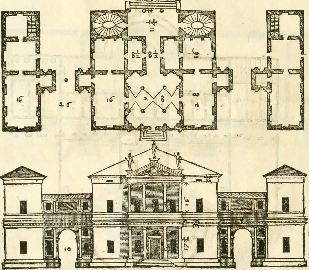 An illustration from I quattro libri dell'architettura di Andrea Palladio : ne' quali, dopò vn breue trattato de' cinque ordini, & di quelli auertimenti, che sono più necesarij nel fabricare : si tratta delle case private, delle vie, de i ponti, delle piazze, de i xisti, & de'tempij, 1616, leaf 123