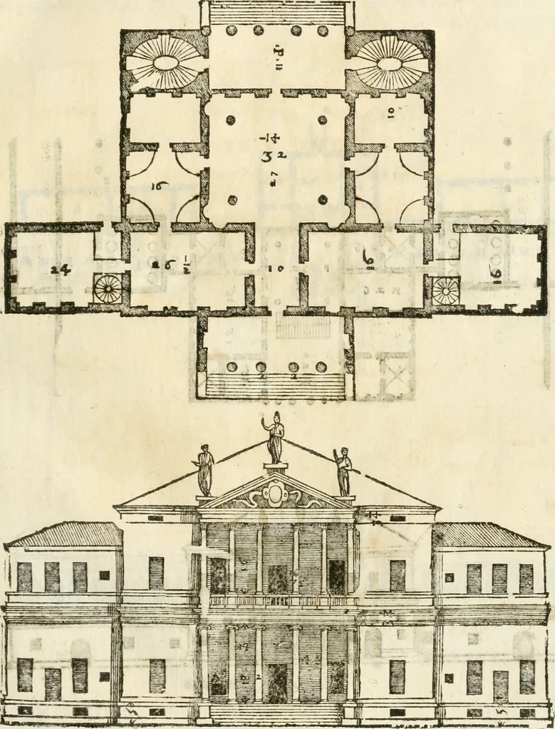 An illustration from I quattro libri dell'architettura di Andrea Palladio : ne' quali, dopò vn breue trattato de' cinque ordini, & di quelli auertimenti, che sono più necesarij nel fabricare : si tratta delle case private, delle vie, de i ponti, delle piazze, de i xisti, & de'tempij, 1616, leaf 124