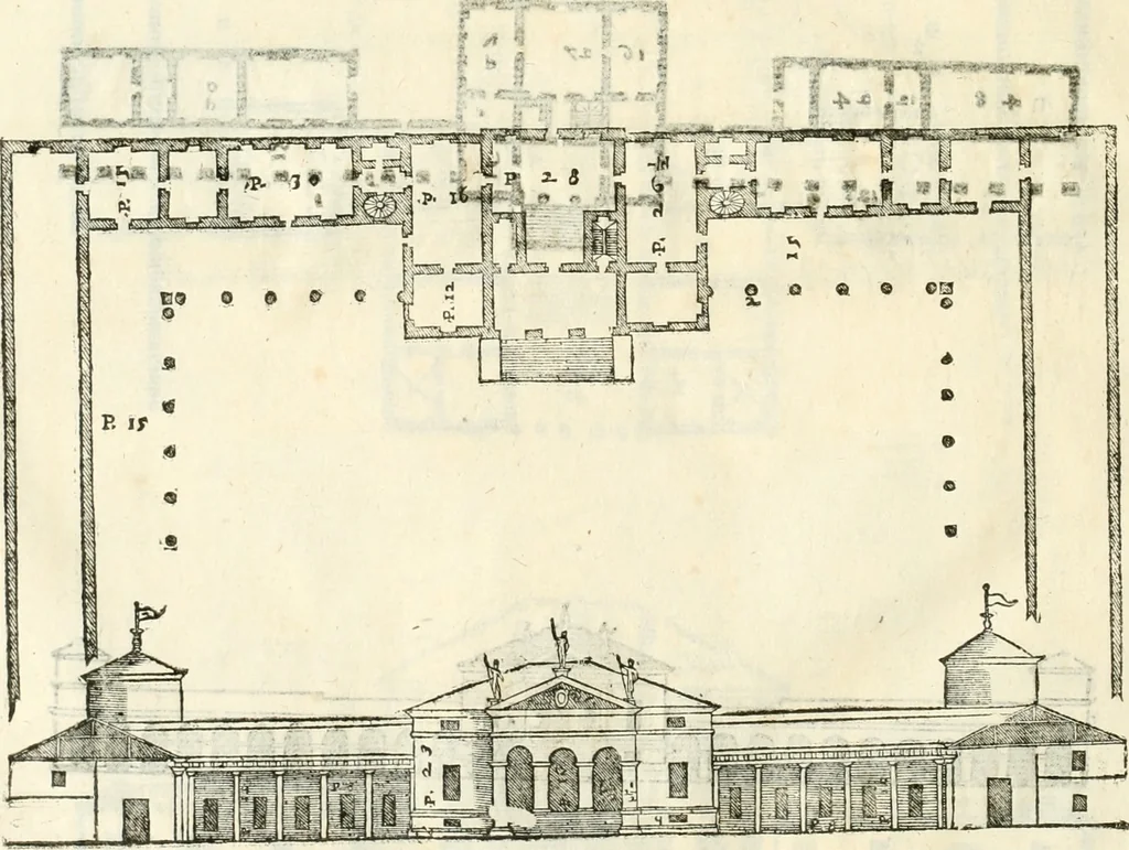 An illustration from I quattro libri dell'architettura di Andrea Palladio : ne' quali, dopò vn breue trattato de' cinque ordini, & di quelli auertimenti, che sono più necesarij nel fabricare : si tratta delle case private, delle vie, de i ponti, delle piazze, de i xisti, & de'tempij, 1616, leaf 127