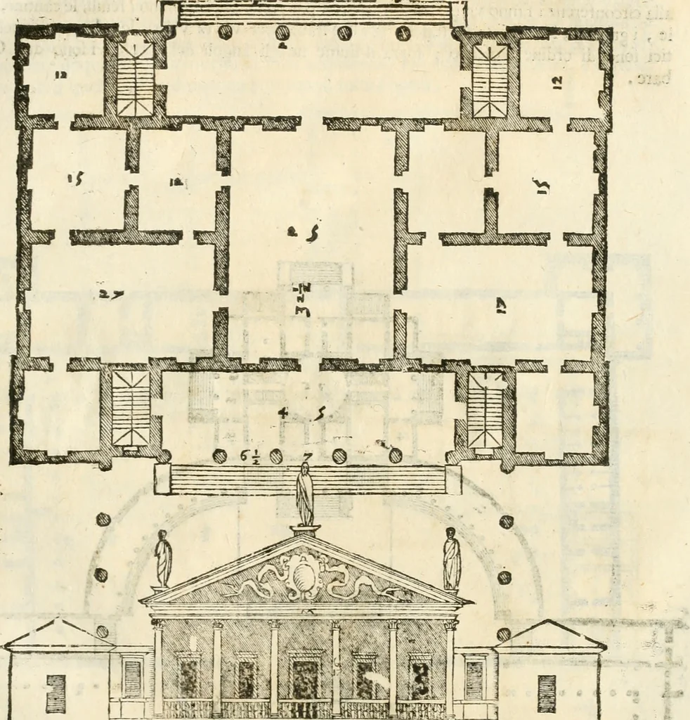 An illustration from I quattro libri dell'architettura di Andrea Palladio : ne' quali, dopò vn breue trattato de' cinque ordini, & di quelli auertimenti, che sono più necesarij nel fabricare : si tratta delle case private, delle vie, de i ponti, delle piazze, de i xisti, & de'tempij, 1616, leaf 130