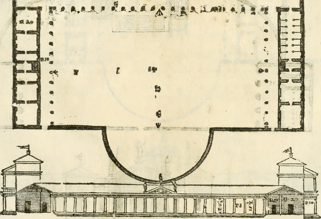 An illustration from I quattro libri dell'architettura di Andrea Palladio : ne' quali, dopò vn breue trattato de' cinque ordini, & di quelli auertimenti, che sono più necesarij nel fabricare : si tratta delle case private, delle vie, de i ponti, delle piazze, de i xisti, & de'tempij, 1616, leaf 132