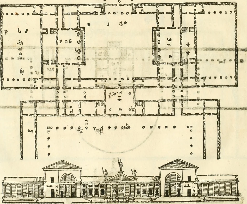 An illustration from I quattro libri dell'architettura di Andrea Palladio : ne' quali, dopò vn breue trattato de' cinque ordini, & di quelli auertimenti, che sono più necesarij nel fabricare : si tratta delle case private, delle vie, de i ponti, delle piazze, de i xisti, & de'tempij, 1616, leaf 135