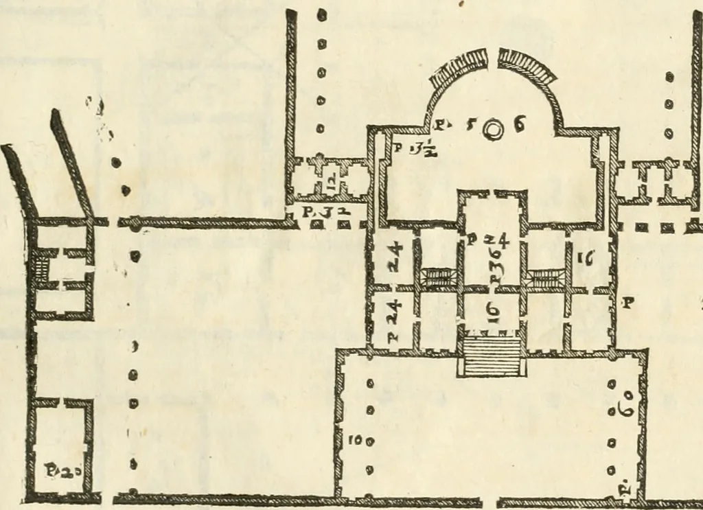 An illustration from I quattro libri dell'architettura di Andrea Palladio : ne' quali, dopò vn breue trattato de' cinque ordini, & di quelli auertimenti, che sono più necesarij nel fabricare : si tratta delle case private, delle vie, de i ponti, delle piazze, de i xisti, & de'tempij, 1616, leaf 136