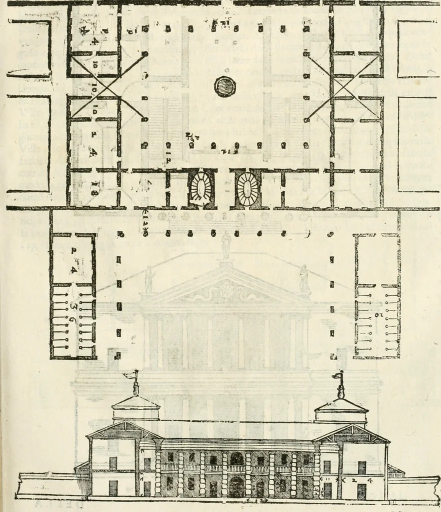 An illustration from I quattro libri dell'architettura di Andrea Palladio : ne' quali, dopò vn breue trattato de' cinque ordini, & di quelli auertimenti, che sono più necesarij nel fabricare : si tratta delle case private, delle vie, de i ponti, delle piazze, de i xisti, & de'tempij, 1616, leaf 138