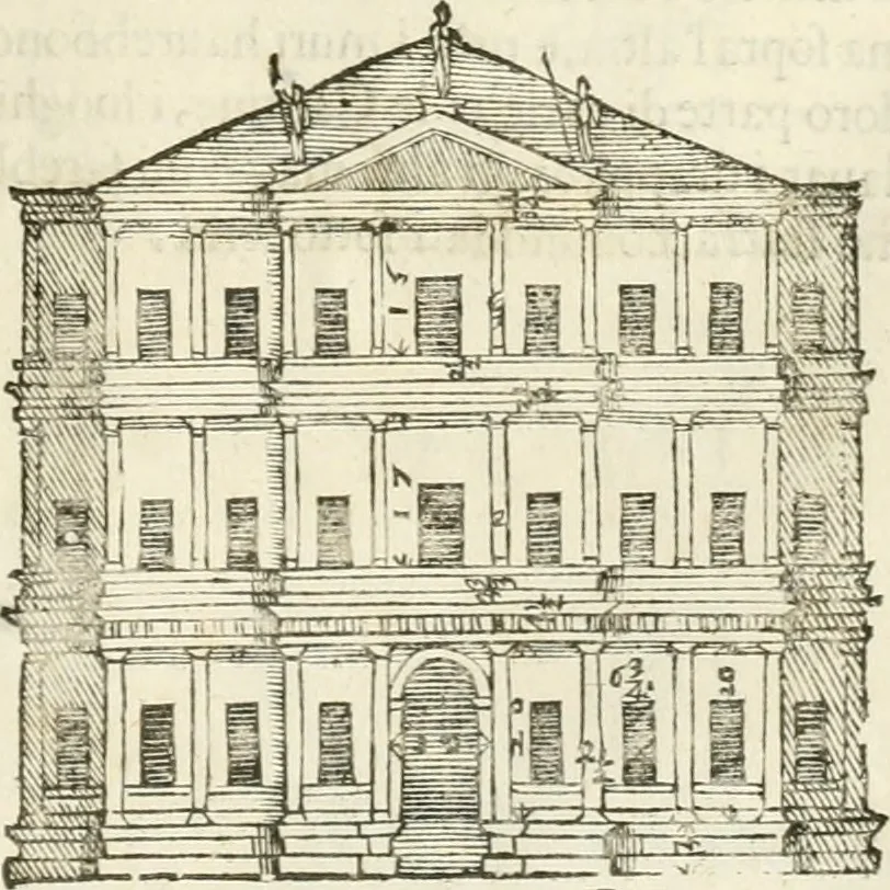 An illustration from I quattro libri dell'architettura di Andrea Palladio : ne' quali, dopò vn breue trattato de' cinque ordini, & di quelli auertimenti, che sono più necesarij nel fabricare : si tratta delle case private, delle vie, de i ponti, delle piazze, de i xisti, & de'tempij, 1616, leaf 142