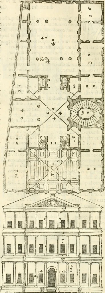 An illustration from I quattro libri dell'architettura di Andrea Palladio : ne' quali, dopò vn breue trattato de' cinque ordini, & di quelli auertimenti, che sono più necesarij nel fabricare : si tratta delle case private, delle vie, de i ponti, delle piazze, de i xisti, & de'tempij, 1616, leaf 143