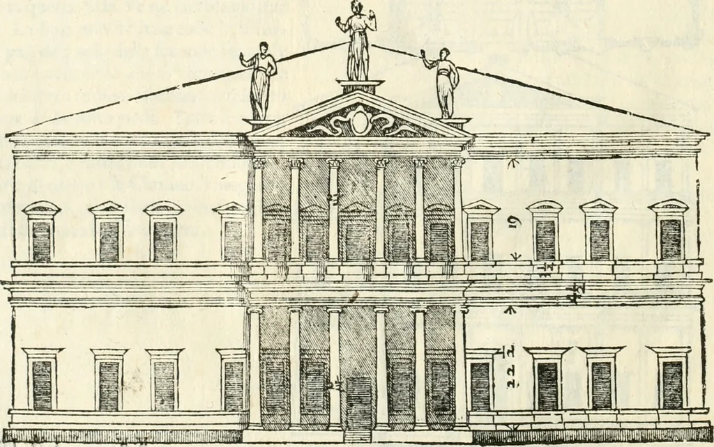 An illustration from I quattro libri dell'architettura di Andrea Palladio : ne' quali, dopò vn breue trattato de' cinque ordini, & di quelli auertimenti, che sono più necesarij nel fabricare : si tratta delle case private, delle vie, de i ponti, delle piazze, de i xisti, & de'tempij, 1616, leaf 145