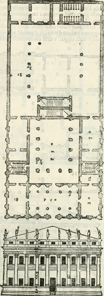 An illustration from I quattro libri dell'architettura di Andrea Palladio : ne' quali, dopò vn breue trattato de' cinque ordini, & di quelli auertimenti, che sono più necesarij nel fabricare : si tratta delle case private, delle vie, de i ponti, delle piazze, de i xisti, & de'tempij, 1616, leaf 146