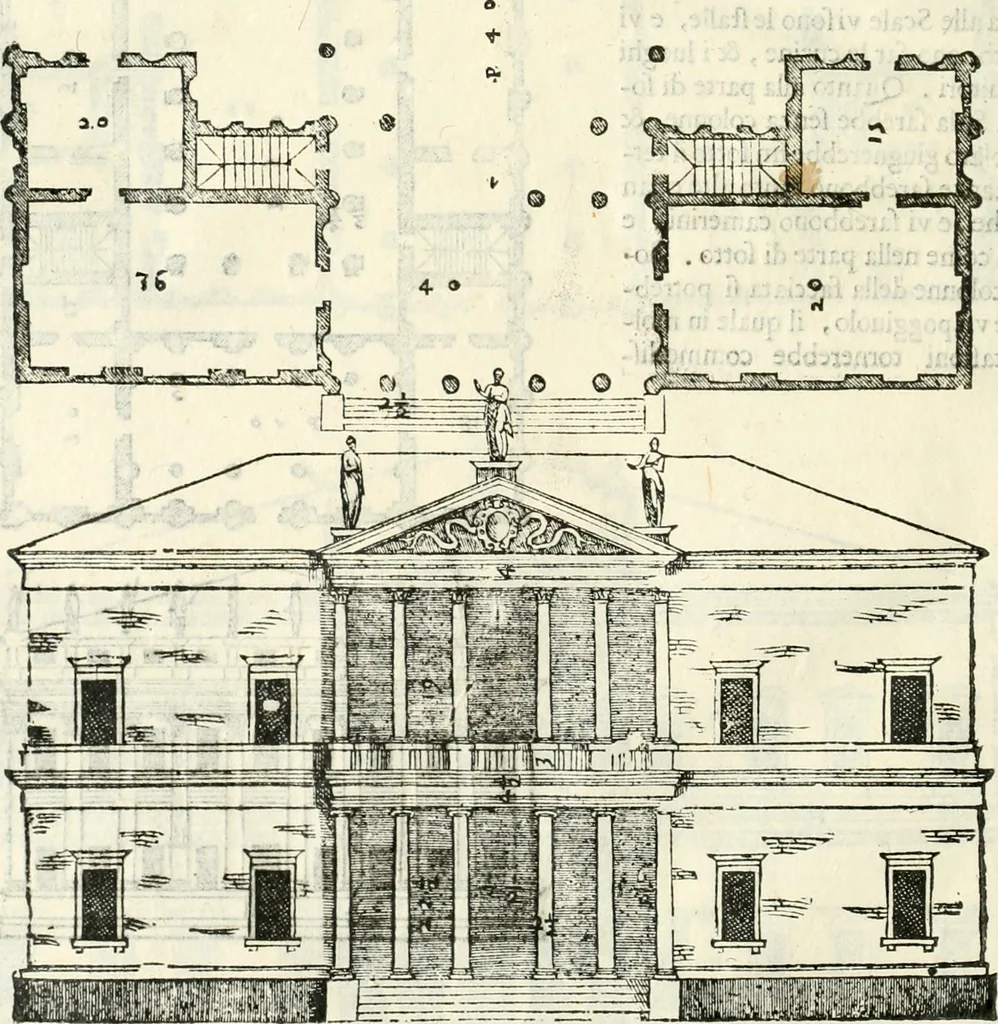 An illustration from I quattro libri dell'architettura di Andrea Palladio : ne' quali, dopò vn breue trattato de' cinque ordini, & di quelli auertimenti, che sono più necesarij nel fabricare : si tratta delle case private, delle vie, de i ponti, delle piazze, de i xisti, & de'tempij, 1616, leaf 147