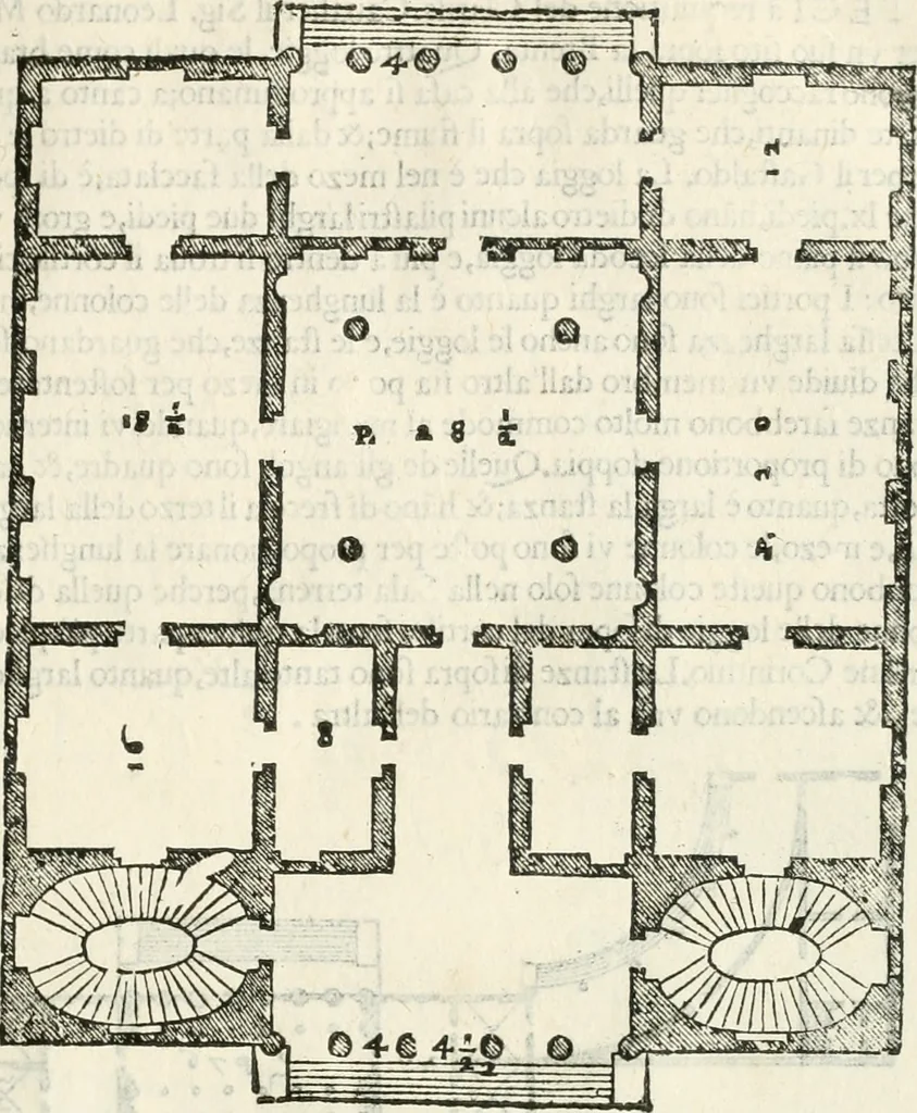 An illustration from I quattro libri dell'architettura di Andrea Palladio : ne' quali, dopò vn breue trattato de' cinque ordini, & di quelli auertimenti, che sono più necesarij nel fabricare : si tratta delle case private, delle vie, de i ponti, delle piazze, de i xisti, & de'tempij, 1616, leaf 148
