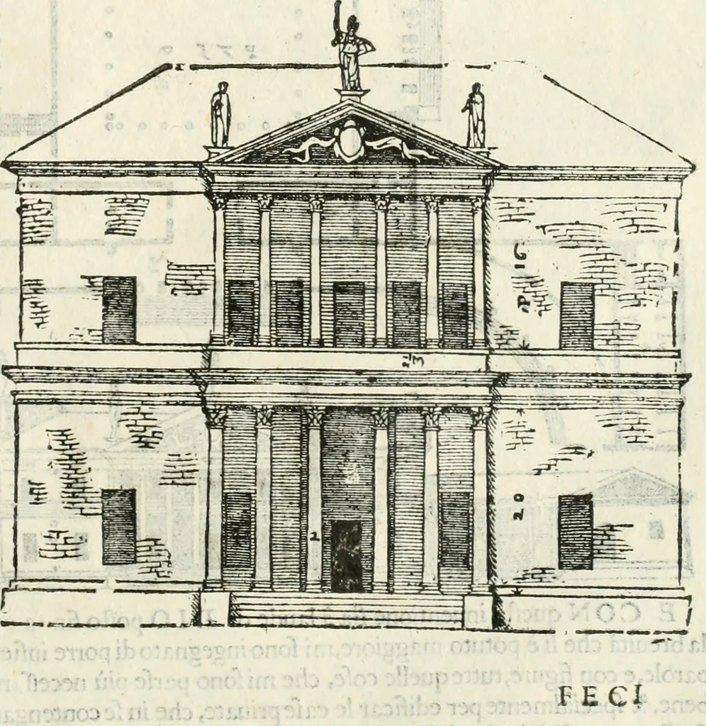 An illustration from I quattro libri dell'architettura di Andrea Palladio : ne' quali, dopò vn breue trattato de' cinque ordini, & di quelli auertimenti, che sono più necesarij nel fabricare : si tratta delle case private, delle vie, de i ponti, delle piazze, de i xisti, & de'tempij, 1616, leaf 148