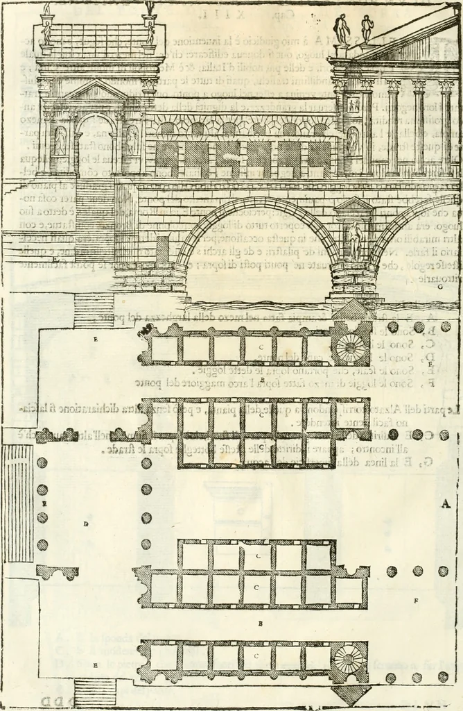 An illustration from I quattro libri dell'architettura di Andrea Palladio : ne' quali, dopò vn breue trattato de' cinque ordini, & di quelli auertimenti, che sono più necesarij nel fabricare : si tratta delle case private, delle vie, de i ponti, delle piazze, de i xisti, & de'tempij, 1616, leaf 177