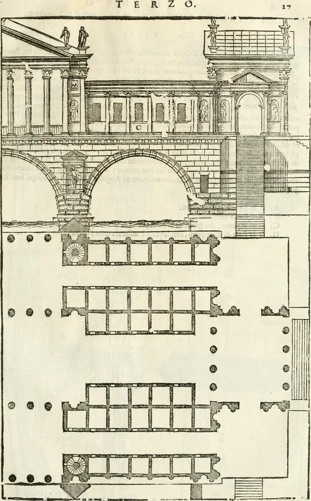 An illustration from I quattro libri dell'architettura di Andrea Palladio : ne' quali, dopò vn breue trattato de' cinque ordini, & di quelli auertimenti, che sono più necesarij nel fabricare : si tratta delle case private, delle vie, de i ponti, delle piazze, de i xisti, & de'tempij, 1616, leaf 178