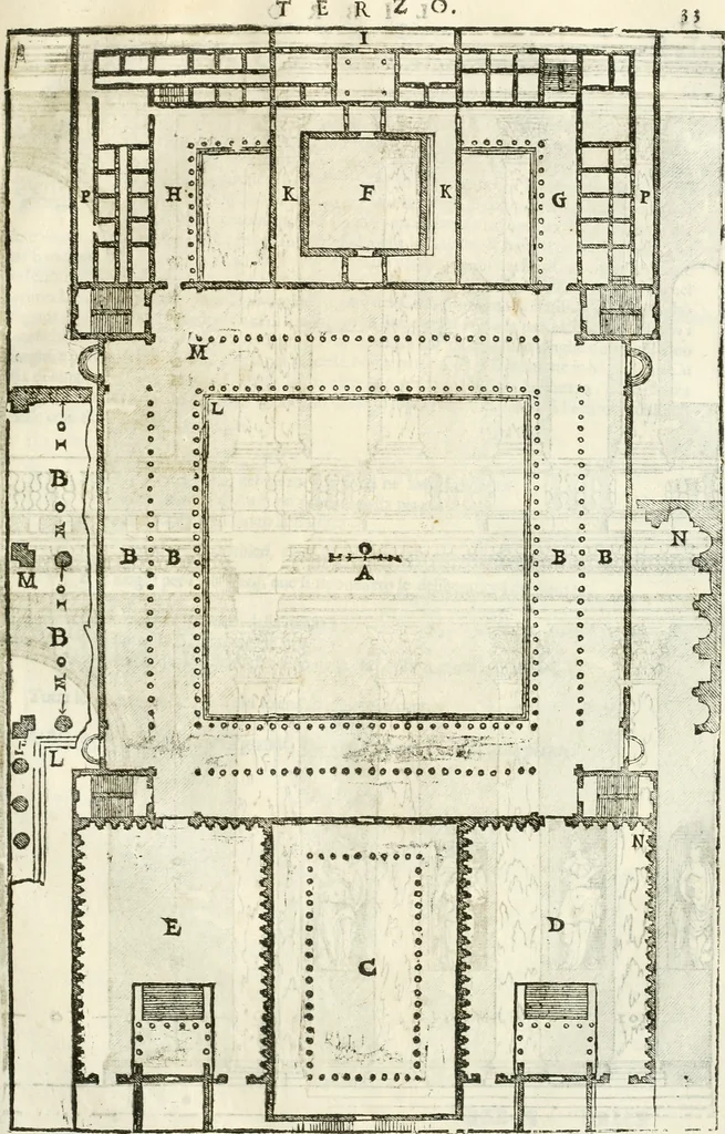 An illustration from I quattro libri dell'architettura di Andrea Palladio : ne' quali, dopò vn breue trattato de' cinque ordini, & di quelli auertimenti, che sono più necesarij nel fabricare : si tratta delle case private, delle vie, de i ponti, delle piazze, de i xisti, & de'tempij, 1616, leaf 184