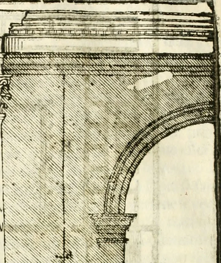 An illustration from I quattro libri dell'architettura di Andrea Palladio : ne' quali, dopò vn breue trattato de' cinque ordini, & di quelli auertimenti, che sono più necesarij nel fabricare : si tratta delle case private, delle vie, de i ponti, delle piazze, de i xisti, & de'tempij, 1616, leaf 185