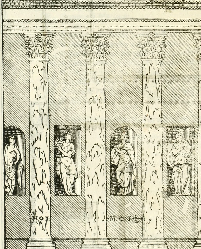 An illustration from I quattro libri dell'architettura di Andrea Palladio : ne' quali, dopò vn breue trattato de' cinque ordini, & di quelli auertimenti, che sono più necesarij nel fabricare : si tratta delle case private, delle vie, de i ponti, delle piazze, de i xisti, & de'tempij, 1616, leaf 185