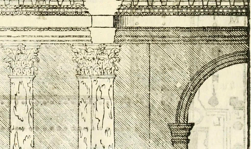 An illustration from I quattro libri dell'architettura di Andrea Palladio : ne' quali, dopò vn breue trattato de' cinque ordini, & di quelli auertimenti, che sono più necesarij nel fabricare : si tratta delle case private, delle vie, de i ponti, delle piazze, de i xisti, & de'tempij, 1616, leaf 185