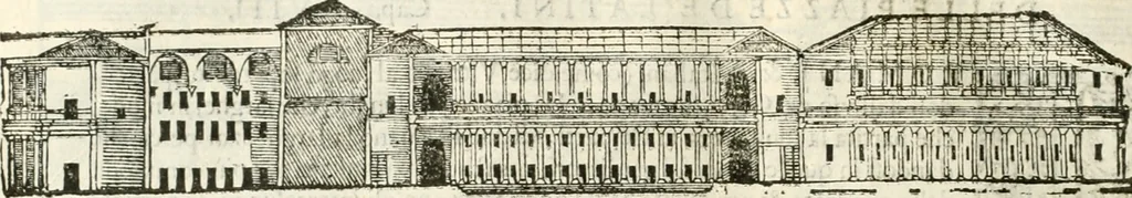 An illustration from I quattro libri dell'architettura di Andrea Palladio : ne' quali, dopò vn breue trattato de' cinque ordini, & di quelli auertimenti, che sono più necesarij nel fabricare : si tratta delle case private, delle vie, de i ponti, delle piazze, de i xisti, & de'tempij, 1616, leaf 187