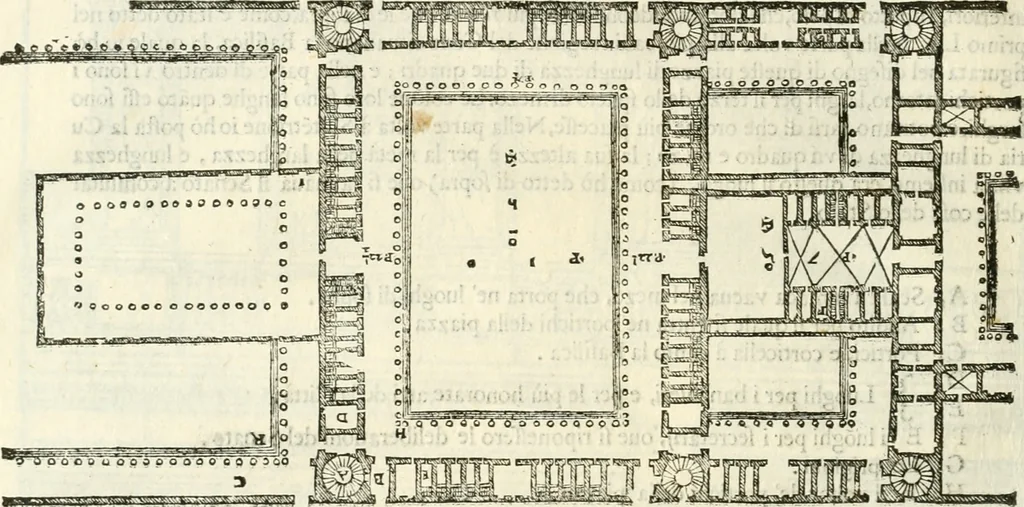 An illustration from I quattro libri dell'architettura di Andrea Palladio : ne' quali, dopò vn breue trattato de' cinque ordini, & di quelli auertimenti, che sono più necesarij nel fabricare : si tratta delle case private, delle vie, de i ponti, delle piazze, de i xisti, & de'tempij, 1616, leaf 187