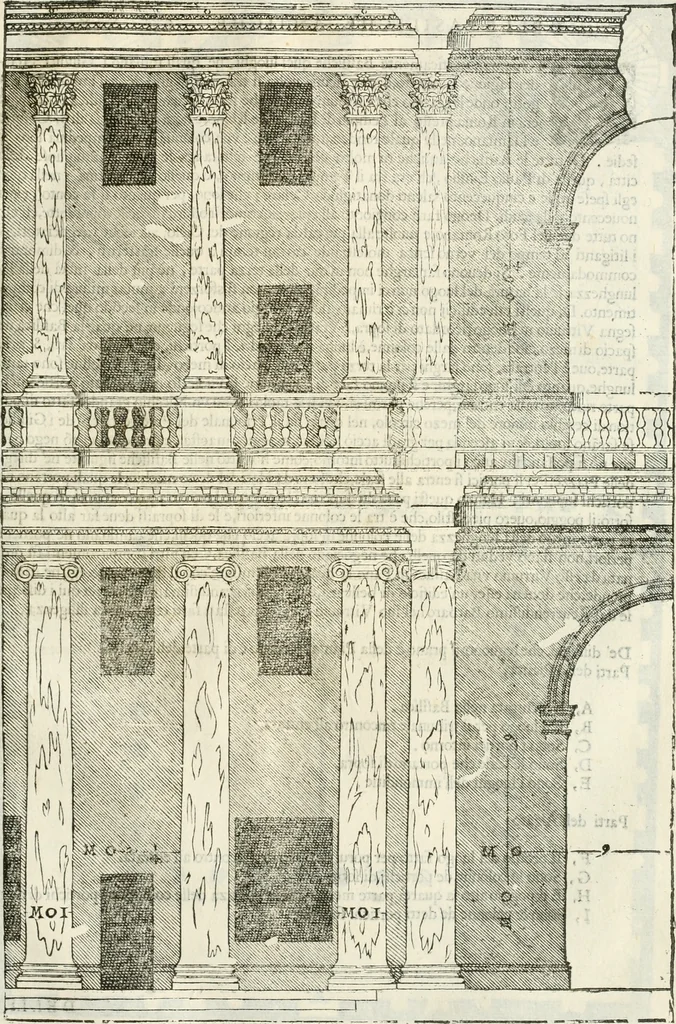 An illustration from I quattro libri dell'architettura di Andrea Palladio : ne' quali, dopò vn breue trattato de' cinque ordini, & di quelli auertimenti, che sono più necesarij nel fabricare : si tratta delle case private, delle vie, de i ponti, delle piazze, de i xisti, & de'tempij, 1616, leaf 188
