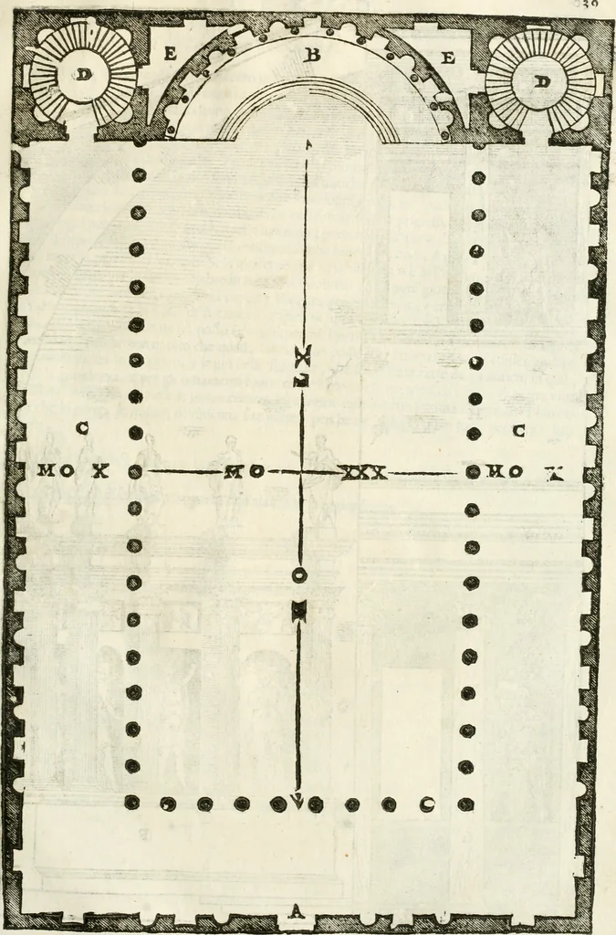 An illustration from I quattro libri dell'architettura di Andrea Palladio : ne' quali, dopò vn breue trattato de' cinque ordini, & di quelli auertimenti, che sono più necesarij nel fabricare : si tratta delle case private, delle vie, de i ponti, delle piazze, de i xisti, & de'tempij, 1616, leaf 190