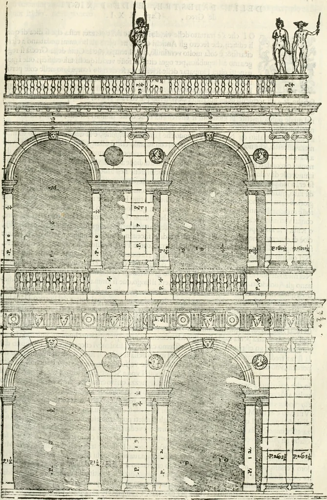 An illustration from I quattro libri dell'architettura di Andrea Palladio : ne' quali, dopò vn breue trattato de' cinque ordini, & di quelli auertimenti, che sono più necesarij nel fabricare : si tratta delle case private, delle vie, de i ponti, delle piazze, de i xisti, & de'tempij, 1616, leaf 194